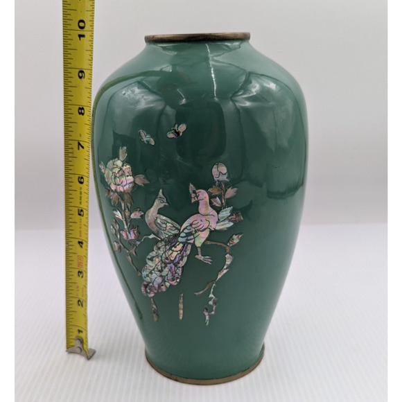 Green Enamel Brass Cloisonne Mother of Pearl Flower Bird Inlay Vase 10" Vintage - Picture 11 of 11